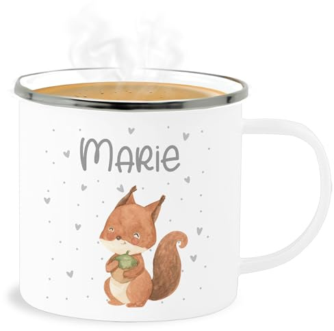 Emaille Becher Blechbecher - Tiere - Eichhörnchen Eichhorn Squirrel - 300 ml - Weiß Silber - tasse mug kindergarten personalisierte geschenke kita tassen child tier name spülmaschinenfest für