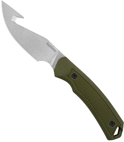 Kershaw Deschutes Skinner Gut Hook Fixed Blade Knife, Olive Design, 3.9 Inch Steel Fixed Drop Point Blade with Gut Hook, Full Tang Design, EDC, Molded Sheath, Everyday Carry Knife for Men and Women