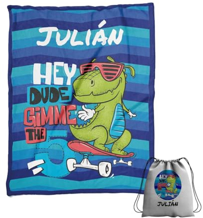 ZPUBLI+ Manta Personalizada con Nombre y Texto (Dinosaurio Skate)