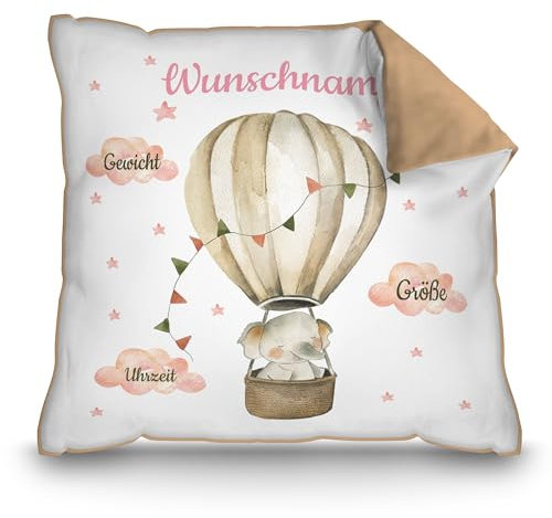 Print Royal PR Kissen zur Geburt mit Name und Geburtsdaten Personalisieren - Elefant im Heißluftballon - Personalisiertes Geschenk zur Geburt | 40 x 40 cm, Rückseite Mokka