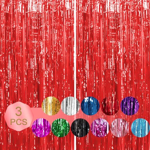 3 Stück Rot Lametta Vorhänge, 1m x 2m Metallische Folie Fransen Vorhang Funkeln Geburtstag Vorhängen fur Abschlussfeier Hochzeitsfoto Hintergrund Party Deko