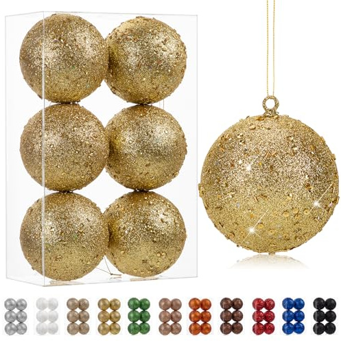 6er-Set 10cm Dekorative Weihnachtsbaumkugeln, Weihnachtskugel-Ornament mit Holografischem Glitzer Christbaumschmuck zarten Dekorationen für Weihnachtsbaum, Weihnachtshochzeitsfeier, Gold