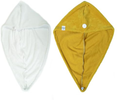 Serviette cheveux micro-éponge bambou x2 - Absorbante et douce - Séchage rapide - Turban cheveux à fixation par bouton- Fabrication française (Blanc Jaune Curcuma)