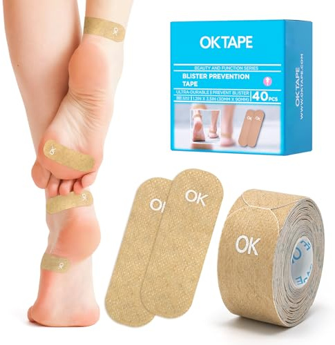 OK TAPE Blister Prevention Tape, 40 Pcs, Moleskin for Blisters, No-Residue Blister Bandages for Feet & Body, Heel Patches, 1.2in X 3.5in Precut Strips - Beige