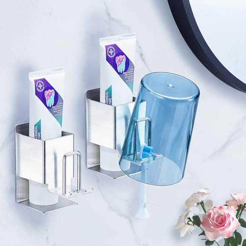 Zahnbürstenhalter Wand Ohne Bohren 2 Stück, Aufsteckbürsten Halter aus Edelstahl, Elektrische Zahnbürste Halterung, Badezimmer Zahnbürstenkopf Halter, Selbstklebend Zahnbürsten Aufbewahrung