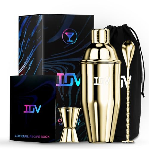IOV Juego de coctelera para cócteles, coctelera de martini de 24 onzas con colador integrado, kit de herramientas de bar con folleto de recetas, coctelera profesional grande de acero inoxidable para
