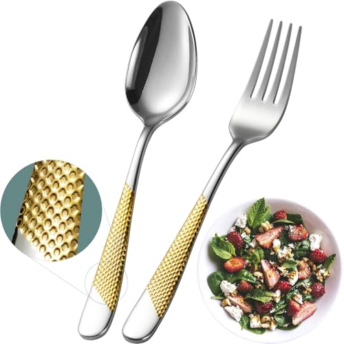 Xideman 24-delad premium efterrättssked och gaffel bestickset (17 cm), 18/10 rostfritt stål användbara medelstora matskedar och gafflar för hem kök restaurang – 12 skedar och 12 gafflar (silverguld)
