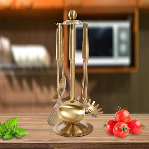 PRMTYUP Set di Utensili da Cucina con Supporto, 7 Pezzi di Utensili da Cucina in Acciaio Inossidabile 304, Cucchiaio Forato, Spatola da Lavoro, Mestolo da Zuppa, Cucchiaio Grande,d'oro,7pcs