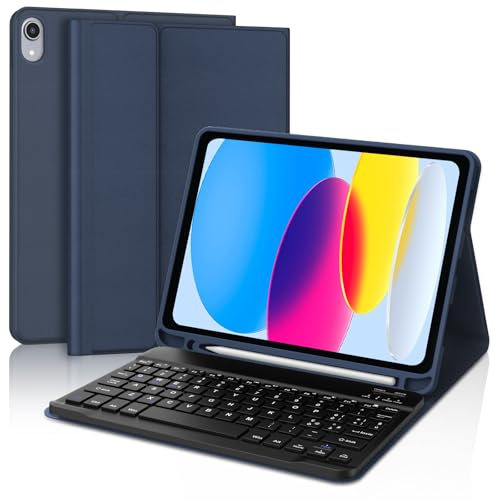 SENGBIRCH Funda teclado para iPad 10ª generación 10,9 2022, diseño italiano QWERTY extraíble inalámbrico Bluetooth teclado, funda teclado iPad 10 generación 10.9 2022, azul oscuro