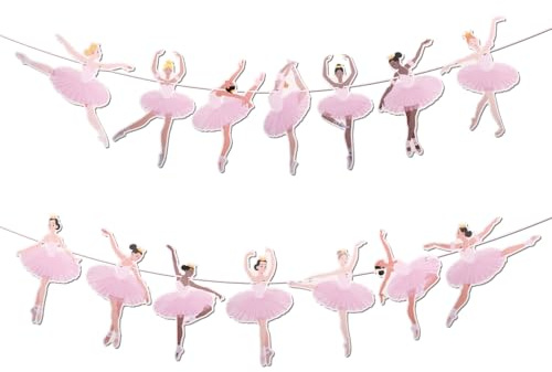 2pcs Ballet Dancer Banners, Pink Ballerina Party Decorations Pre-Strung Ballet Girl Dancing Hanging Garland Ballet Themed Party Decorations Bunting Supplies for Birthday Wedding Baby Shower