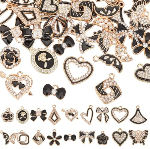 SUNNYCLUE 1 Box 36 Stück 18 Stile Herzanhänger Großpackung Schwarzer Emaille Anhänger Strass Weißer Schmetterling Blume Liebesschleife Anhänger Zur Schmuckherstellung Anhänger Zum Valentinstag DIY Sch