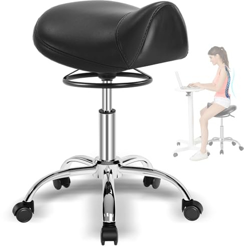 SALONFACTORY Saddle Stool with Wheels 300 lbs Weight Capacity, Heavy Duty Rolling Stool for Medical Massage Salon Kitchen Spa Drafting Nail-Tech,Height Adjustable,360 Swivel,Wide Thick Seat Padding