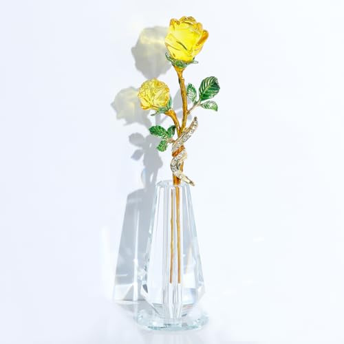 Arikyrist Crystal Yellow Rose Flower Gifts for Women Glass Bouquet Ornament | Crystal Yellow Rose Flower Figurine Metal Long Stem with Crystal Vase Gifts for Wife Mum Girlfriend on Birthday Anniversary