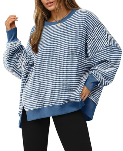 Fisoew Women Fall Oversized Sweatshirt Casual Waffle Knit Long Sleeve Crewneck Split Pullover Tunic Tops Navy