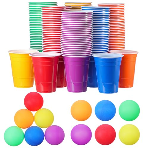 Qinyoung 228 Pcs Cups and Balls Game Set for Party, Plastic Flip Cup Stacking Game Colorful Reusable Table Tennis Ball Indoor Outdoor Toss Activity for Birthday Wedding Drinking Party (Rainbow Color)