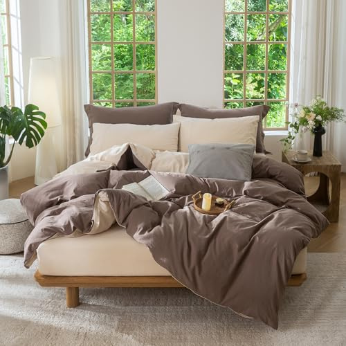 BDEAR 3 Pieces Reversible Duvet Cover Set King Size 104''W x 90''L, 100% Washed Cotton Duvet Cover with Zipper Closure Plus 2 Pillowcases, Double Sided with Light Chocolate Brown Plus Sandy Beige
