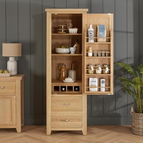 The Furniture Market Cheshire Whitewash Oak | Single Kitchen Larder Pantry Cupboard | Freestanding Storage Unit | Solid Wood | Country Style | Fully Assembled | H 1900 x W 645 x D 570mm