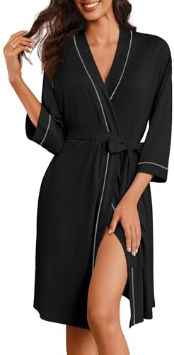 Ekouaer Robes for Women Knee Length Bathrobe Lightweight Kimono Robe 3/4 Sleeve Loungewear Soft Sleepwear with Pockets L