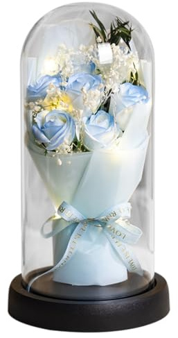 LED Rose in Glass Dome - Eternal Artificial Flower with Light Up Base | Romantic Birthday Gift for Wife, Girlfriend (Blue) - Anniversary Keepsake​