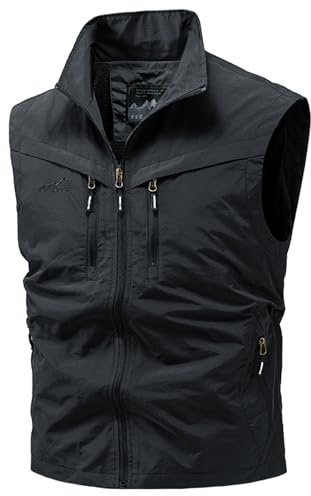 FEOYA Gilet för män utomhus fiskeväst safari resa arbete lätt väst med flera fickor snabbtorkande fotografi väst ledig ärmlös väst med dragkedja, Svart, S