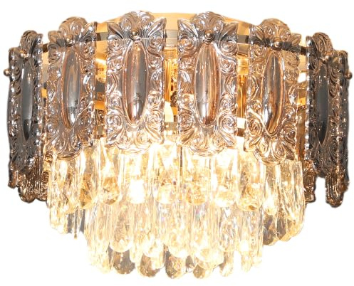 HOMCOM Chandelier Ceiling Light 3-Light Flush Mount 40 cm LED Gold Tone | Dual Crystal and Smoke Glass Shade, Living Room Bedroom, 3 E14 Sockets, Bulbs Not Included