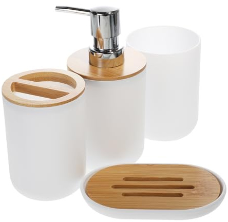 PHENOFICE Conjunto de Accesorios de Baño Blanco para Hogar y Hoteles Porta Cepillos de Dientes y Jabonera de PP Superficie Lisa y Piezas de Bambú