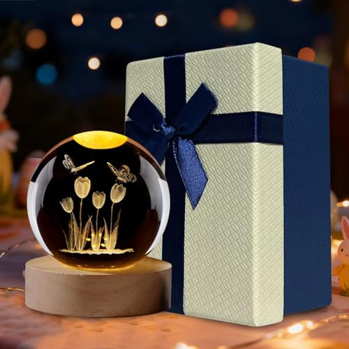 Frühling Blumen 3D Kristallkugel mit LED-Licht, Schneekugel Nachtlicht Frühlingdeko mit Holzsockel, USB Lasergeätzte Kugel Lampe, Oster Deko Glaskugel Deko für Frühling Zuhause Geschenk (Hase x 6 cm)
