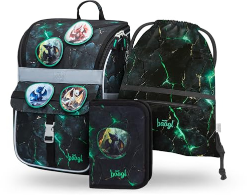 Baagl Schulranzen Jungen Set 3 Teilig Schultasche 18 l - Drachen