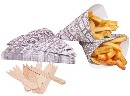 West5Products 25 Newsprint Design Food Safe Chip Shop Cones with Forks