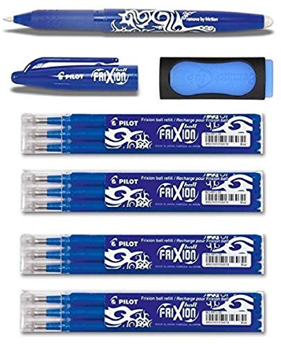 Special Bonus Pack Pilot FriXion Ball Tintenroller [0,7] 12 Ersatzminen Nachfüllminen | 4 Set á 3 Stk blau+ 1 Frixion Ball in Blau und 1 Frixion original Remover in Blau