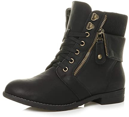 Ajvani Femmes talon bas lacets col tricoté hiver biker militaire bottines pointure 5 38