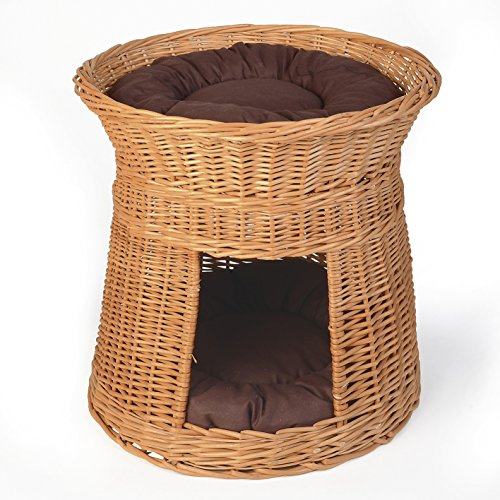 WEIDENPROFI Katzenkorb, Katzenturm aus Heller Weide, inkl. 2 Kissen, Größe ca.: Ø 42-46 cm x Höhe 45 cm, Farbe Natur