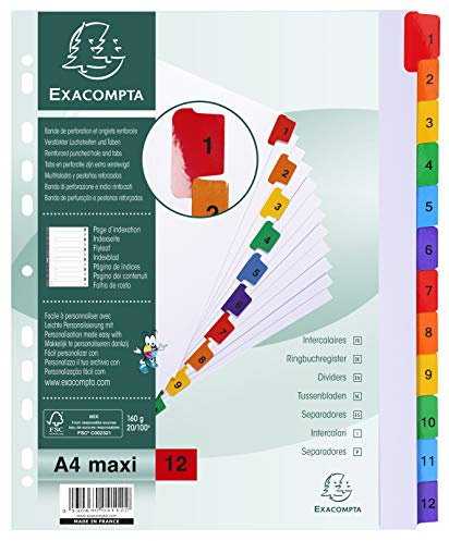 Exacompta 4112E Packung mit Register, Karton weiß 160g/m², 12 bedruckten Taben, für DIN A4+, Indexseite, 1 Pack, farbig sortiert ø 55 mm