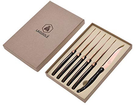 Laguile - Estuche de 6 cuchillos chic y elegante, hoja de color oro rosa, acero inoxidable, estuche de regalo, estuche de cuchillos para coleccionar.