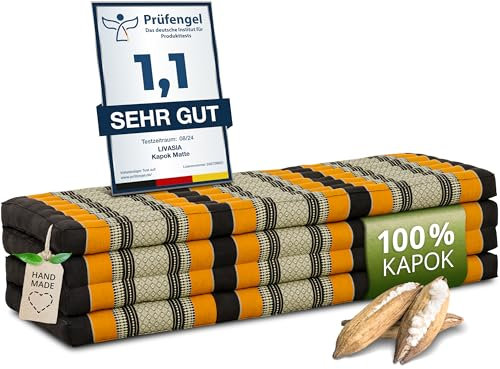 livasia Nachhaltige Klappmatratze Kapok XXL - 200x140x8cm - extrabreite Gästematratze, Faltbare Matratze doppel, ökologische Yogamatte, Gästebett klappbar, Liege Garten Balkon (Schwarz/Orange)