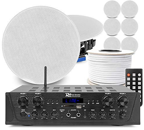Power Dynamics 4-Zone Ceiling Speaker System – 8x 8 FCS8 Flush Speakers, PV240BT Bluetooth Amplifier, Home Multi-Room Audio Kit for Background Music & PA Installation, FM/USB, Speaker Wire Included