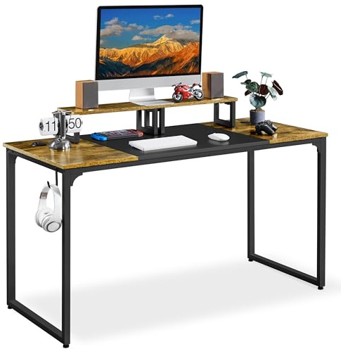 Yaheetech Large Computer Desk with Movable Monitor Stand, 2 Desk Grommets and 1 Hook, for Gaming/Writing/Home Office, 140x60x75cm, Rustic Brown