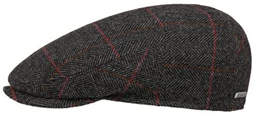 Stetson Bendner Driver Flatcap Herren Made in Germany Baumwollfutter Fischgrätmuster Herbst Winter grau-schwarz M (56-57 cm)