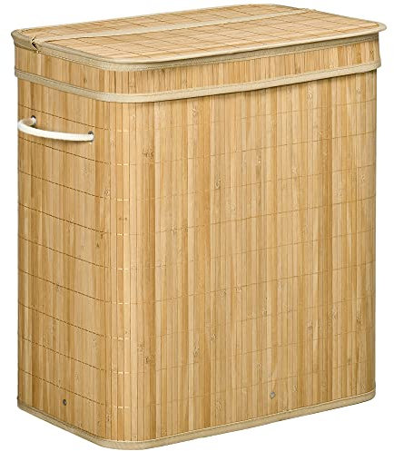 HOMCOM Panier à linge en bambou avec couvercle et poignées capacité 90 litres avec 2 sections et un sac amovible en tissu - 54,2 x 35,2 x 59,5 cm