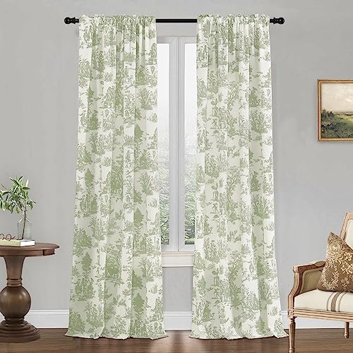 XTMYI Sage Green Curtains for Living Room Bedroom Spring Country Design Toile de Jouy Floral 108L Light Filtering Patio Door Curtain for Sliding Door Dining Room 108 Inch Long