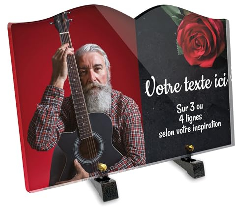 Placa funeraria libro con foto personalizable en plexi, diseño de rosa roja en pizarra, diferentes tamaños, grosor 6 mm, personalizado en varias líneas 30 x 20 cm