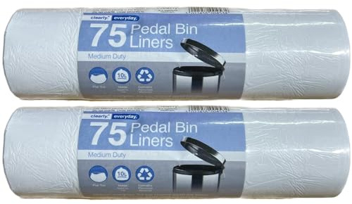 Clearly Pedal Bin Liners, 2 Rolls of 75 Bags (150 Total), 10L Flat Top Bin Liners for Home or Office