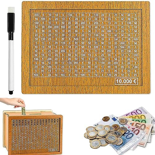 Holz Sparbox mit Retro Design und Sparziel für Kinder (1000€)