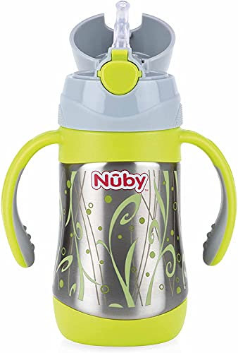 Nuby Stainless Steel Sipper Bottle Flask with Soft Straw | Insulated up to 6 Hours, Leakproof & Easy Grip Handles | for Hot & Cold Drinks | 280ml | for Kids, Infants & Toddlers | Age: 12m+
