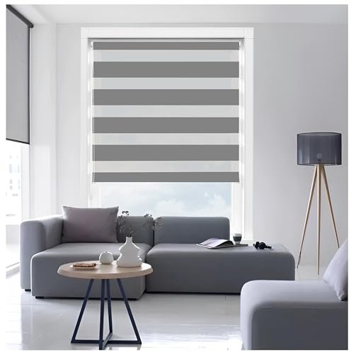 Ruby Deals Day & Night Roller-Blind Dual Layer Fabric Translucent Vision Curtains Shades Light Filtering Easy Fit Home Office Zebra Window Bedroom Privacy Blinds Drilling No Drilling Grey 64cmX210cm