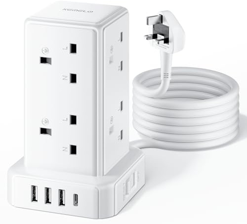 Tower Extension Lead 3M with 8 Way Multi Plug Extension Tower & 4 USB Ports (13A 3250W),Mini Power Strip with Switch, Extension Cable Surge Protection Extension Lead for Home, Office
