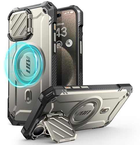SUPCASE iPhone 15 Pro Max Hülle mit Ständer [kompatibel mit MagSafe] [Integrierte Kameraschutz] [Militärqualität Schutz] Robuste magnetische Hülle für iPhone 15 Pro Max, Grau