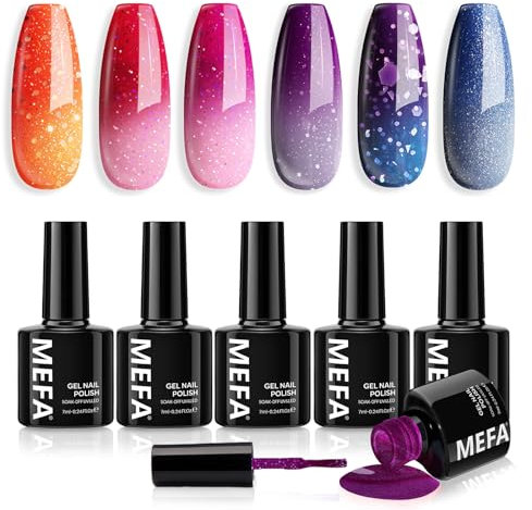 MEFA Color Changing Gel Nail Polish Set 6 Colors, Winter Temperature Changed Glitter Blue Pink Purple Red Orange Gel Polish Soak Off Nail Art Design Kit Manicure Home DIY for Women
