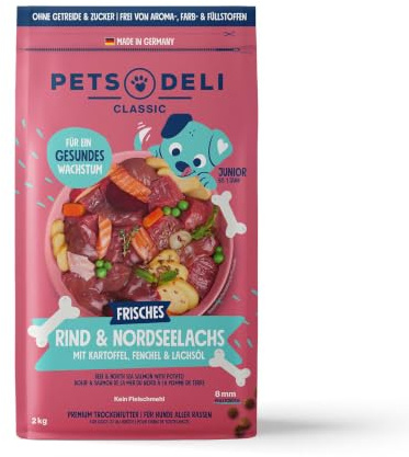 Pets Deli Junior Trockenfutter für Hunde mit Rind, 2kg | Rind & Lachs für junge Hunde, mit Süßkartoffel & Lachsöl für gesundes Wachstum, getreidefrei, ohne Zucker, Premium Qualität