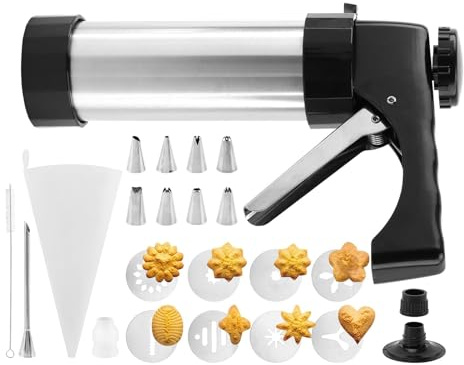 Churro Maker Machine Churrera and Piping Bag Churros Filler, Stainless Steel Churros Gu-n Kit with 8 Decorating Tips, 8 Cookie Discs, Cookie Maker Machine(Black+Silver)